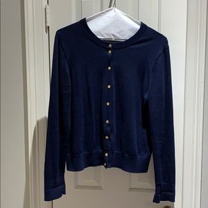 J. Crew navy blue cardigan with gold buttons.